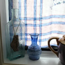 blue bottles in windowsill related to Plaid Kitchen Curtains Valances