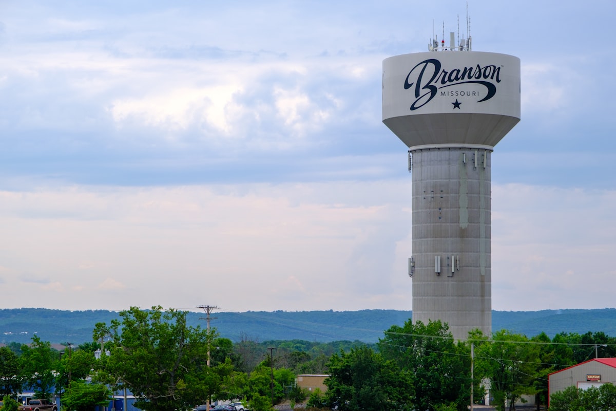 Branson water tower against a cloudy sky related to Exploring the Charm of Branson Bed and Breakfasts