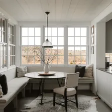 Breakfast nook (IG: @clay.banks) related to Elevate Your Dining Space with Stunning Dining Room Window Valances