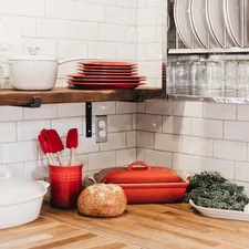 brown wooden shelf related to Elevate Your Kitchen with Red Kitchen Curtains and Valances