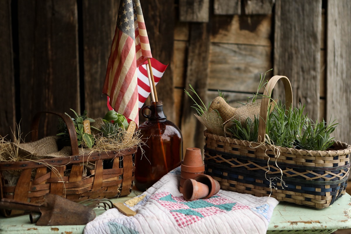 brown woven basket on white and red textile related to Primitive Country Valances