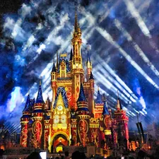 Castle illuminated with colorful lights and projections at night related to Dream Magic: Mickey Mouse Bedding Set for Your Little Ones