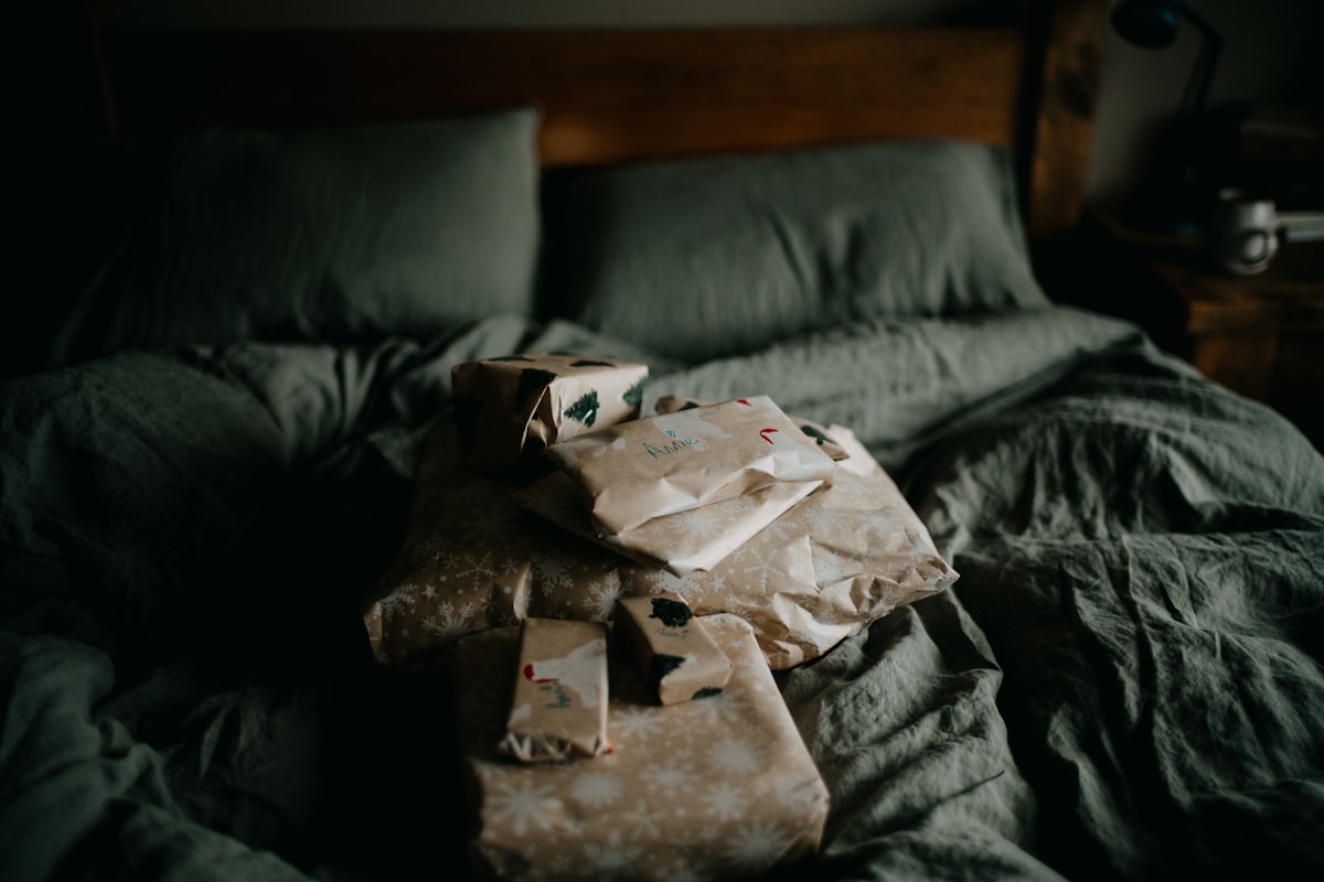 Christmas presents on a bed related to Transform Your Bedroom with The Nightmare Before Christmas Bedding