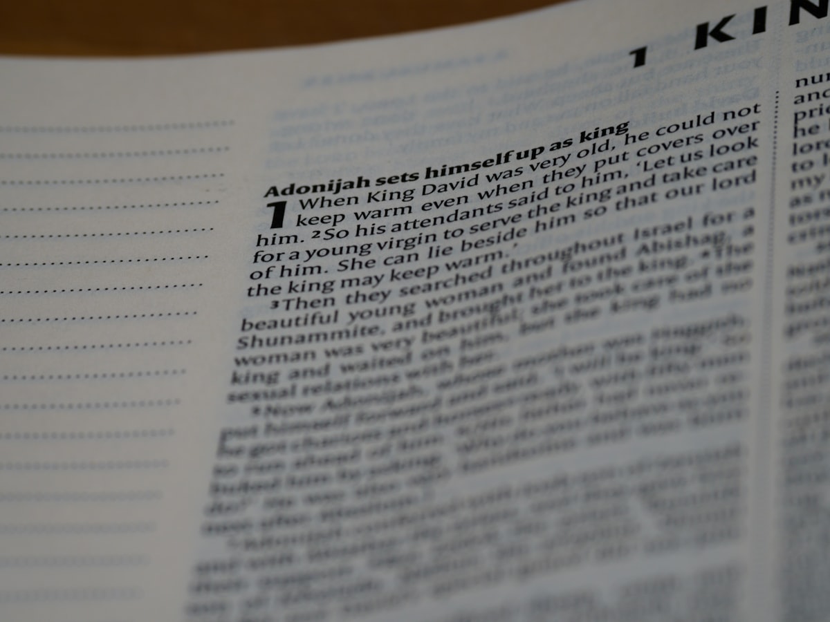 close up, bokeh, macro, blur, blurred background, close focus, bible, old testament, 1 kings, book of kings, kings, ספר מלכים‎, sêp̄er malḵîm,  hebrew bible, destruction of judah, babylon, babylonian exile, Deuteronomistic history, a history of Israel, rabbinic literature, shavuot, christian, judaism, history, text, reading, bible study, devotions, text, NIV, New International Version, type, typography, canon, christianity, holy scripture, holy bible, scripture,tanakh, nevi'im, ketuvim, septuagint,  related to Understanding King Size Coverlet Dimensions