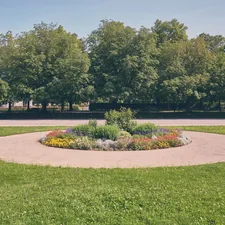 Colorful flower bed in a park with trees and paths. related to Enhancing Your Landscape: Flower Beds Around Trees