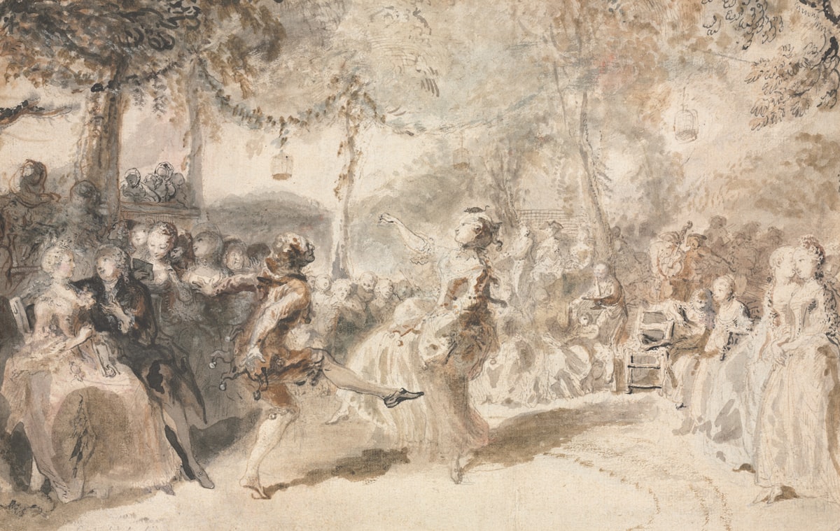 Costumed Dancers Performing in a Garden Tavern 1756 Gabriel de Saint-Aubin (French, 1724–1780) France, 18th century Brush and brown and gray wash, with gouache, watercolor, and traces of graphite Support: Cream(3) laid paper, laid down on cream(1) wove paper Purchase from the J. H. Wade Fund 1966.124 related to Elegant Black Toile Valances for Your Home Decor