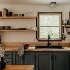 Cottage kitchen (IG: @clay.banks) related to 10 Decorating Ideas to Elevate Your Kitchen with Curtains and Valance
