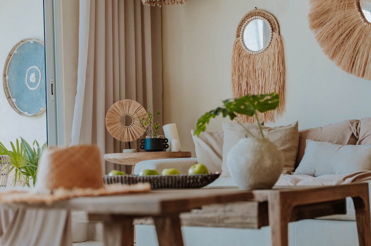 Cozy and modern living space with bohemian decor. related to Elevate Your Home Decor with Red Window Valances