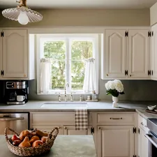 Cozy country kitchen (IG: @clay.banks) related to Country Kitchen Valances: Adding Charm and Warmth to Your Space