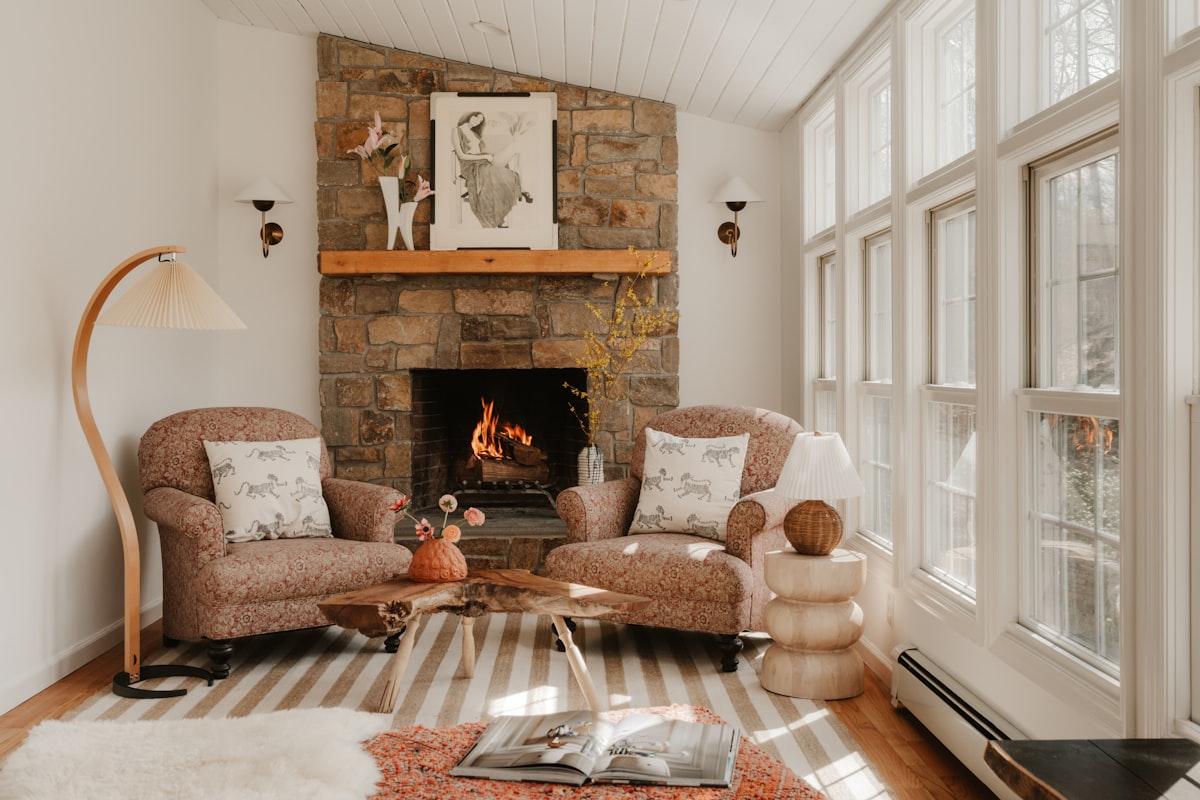 Cozy fireplace 1/2 (IG: @clay.banks) related to Rustic Charm: Elevating Your Windows with Burlap Valance Window Treatments