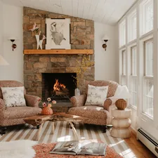 Cozy fireplace 1/2 (IG: @clay.banks) related to Rustic Charm: Elevating Your Windows with Burlap Valance Window Treatments