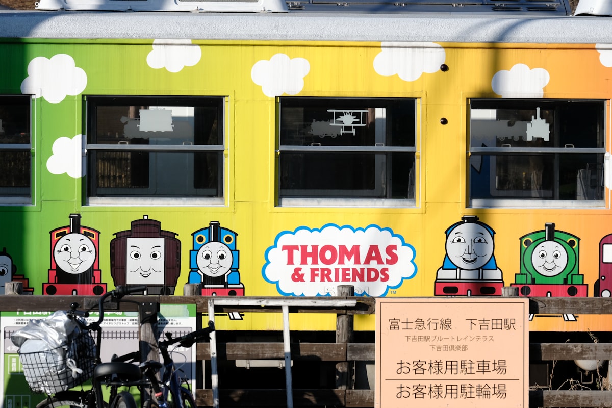 Cute train at the foot of Mount Fuji related to All Aboard for Adventure: Thomas the Train Bedding