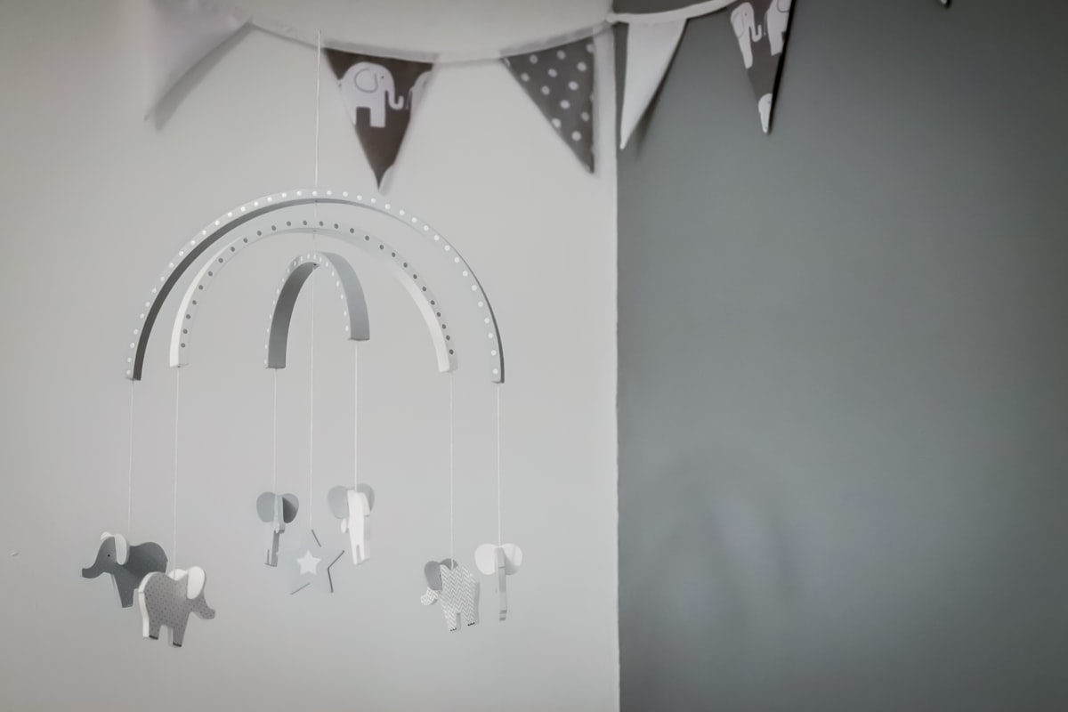 Elephant mobile and bunting related to Adorable Baby Nursery Valances