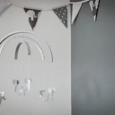 Elephant mobile and bunting related to Adorable Baby Nursery Valances