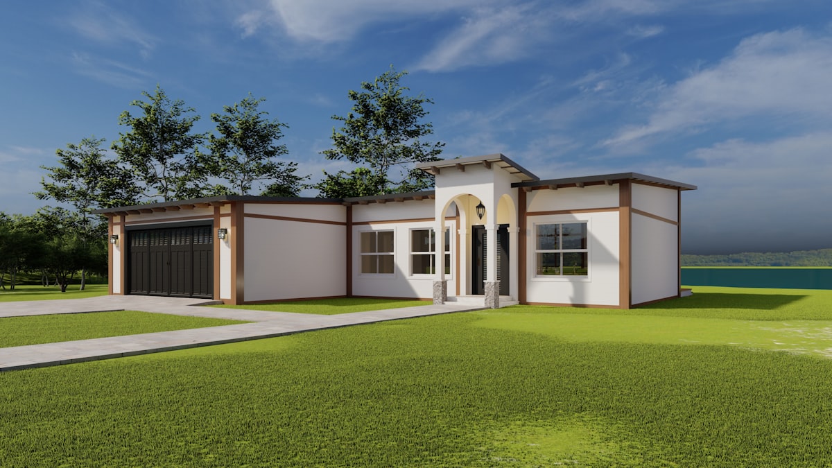 Front elevation of the lake house having entrance lobby and driveway to the garage. related to Dream Homes for Sale: 2 Bed 2 Bath Houses