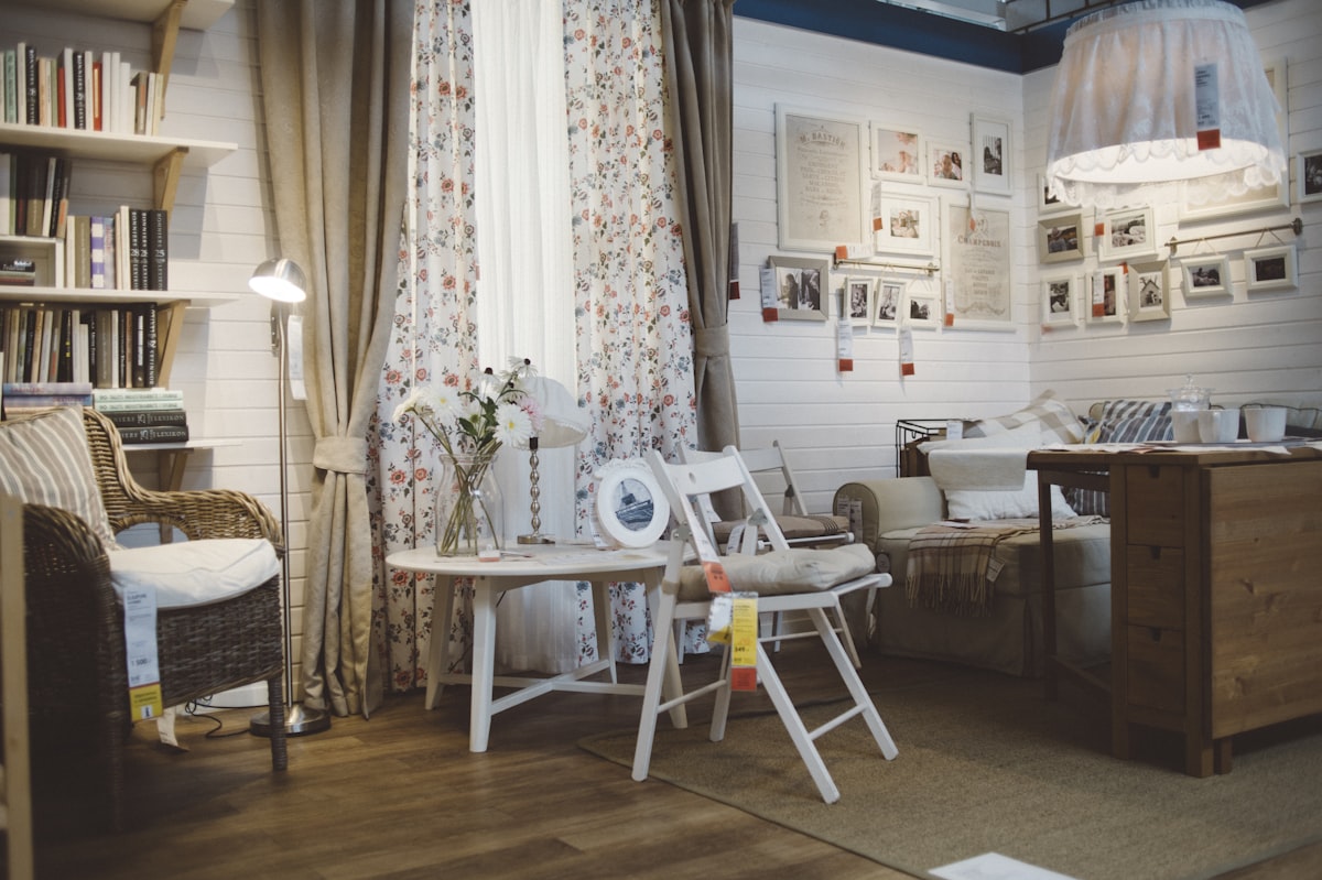 Furniture exposition in ikea salon - wicker chair, table, chair, curtains and so on. related to Cozy Country Interiors: Curtains, Valances, and Swags