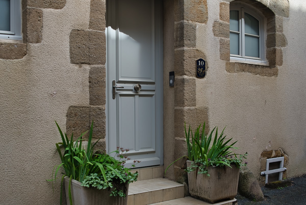 Gray door with potted plants on an old stone building. related to Elevating Your Entrance: Innovative Entryway Wall Decor Ideas