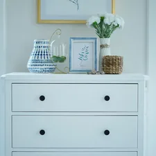 Home interior poster with vertical blue and white metal frame and succulents on white wall background related to Elevate Your Home Decor with the Perfect Sideboard Cabinet White