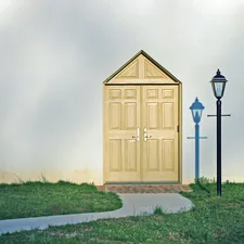 "Light Entry" --- A double-door entranceway with a lamppost and its shadow. related to Maximize Your Entryway's Potential with IKEA Storage