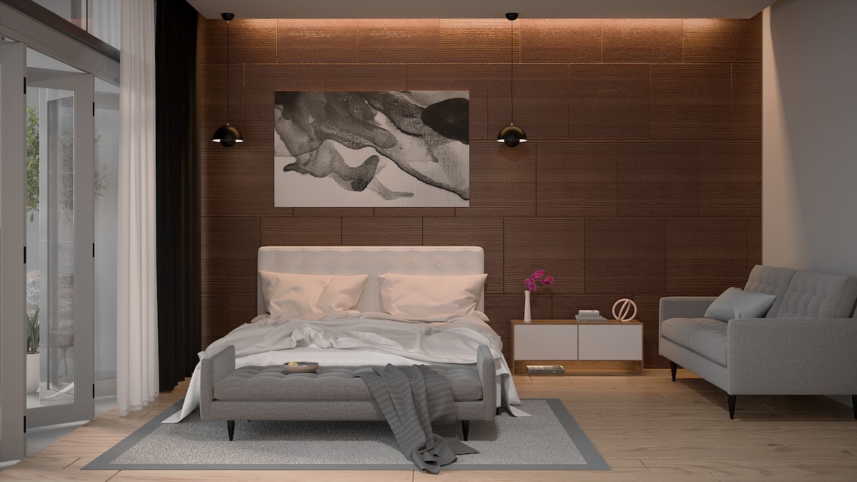 Modern bedroom with a bed, sofa, and artwork. related to Elevate Your Bedroom with a King Size Bed Valance