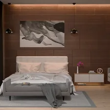 Modern bedroom with a bed, sofa, and artwork. related to Elevate Your Bedroom with a King Size Bed Valance