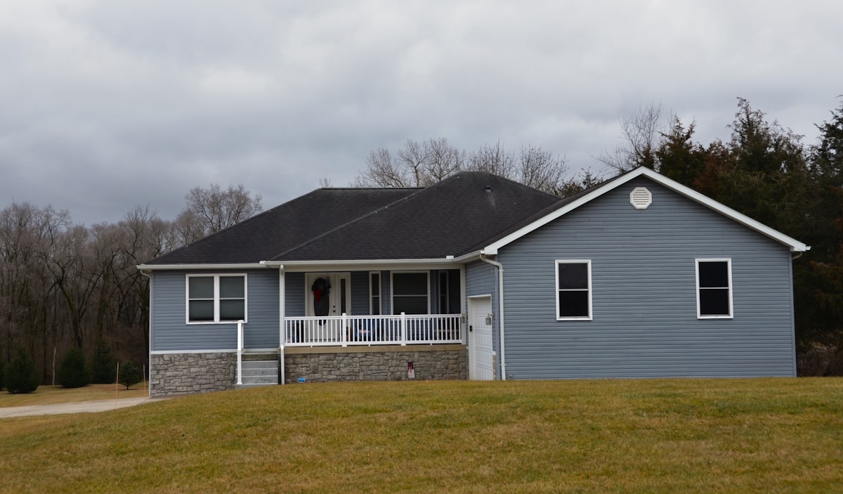 Modern blue/gray and white farmhouse with porch related to Charming Small Living Spaces