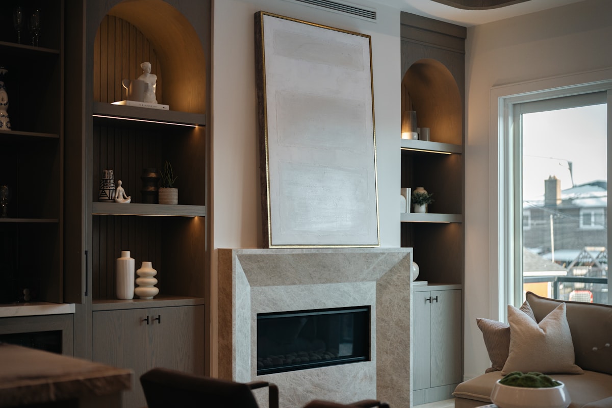 Modern living room with fireplace and built-in shelves related to Elevate Your Space with the Perfect Valance and Curtain Set