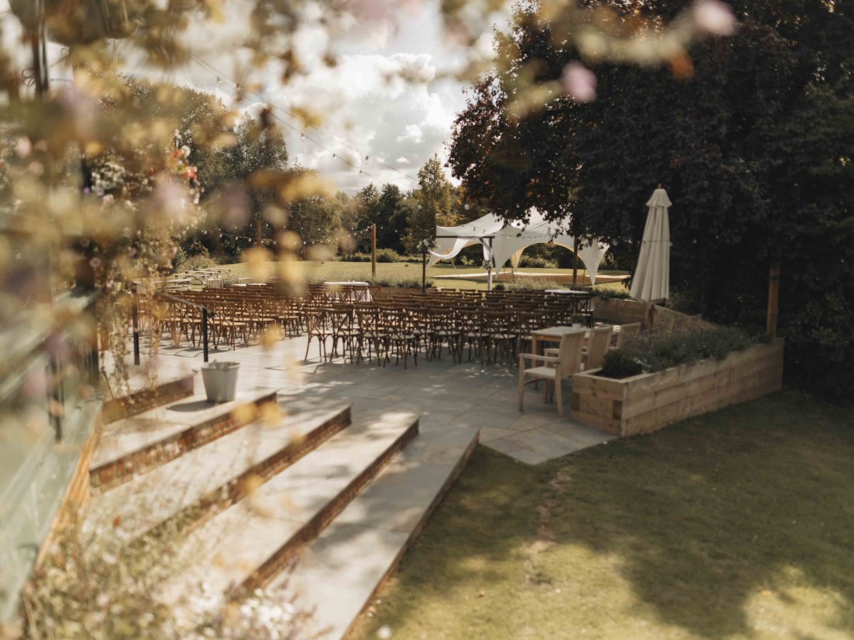Outdoor ceremony setup at The Old Mill, Aldermaston. Wedding Venue in Berkshire related to Elegant Bed and Breakfast Wedding Venues