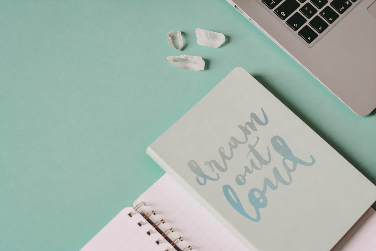 Pastel green planner background with quartz crystals and Apple MacBook ✦ Snag more FREE stock photos each month 👉 https://contentpixie.com/secret-snaps/ related to Elevate Your Space with a Turquoise Window Valance