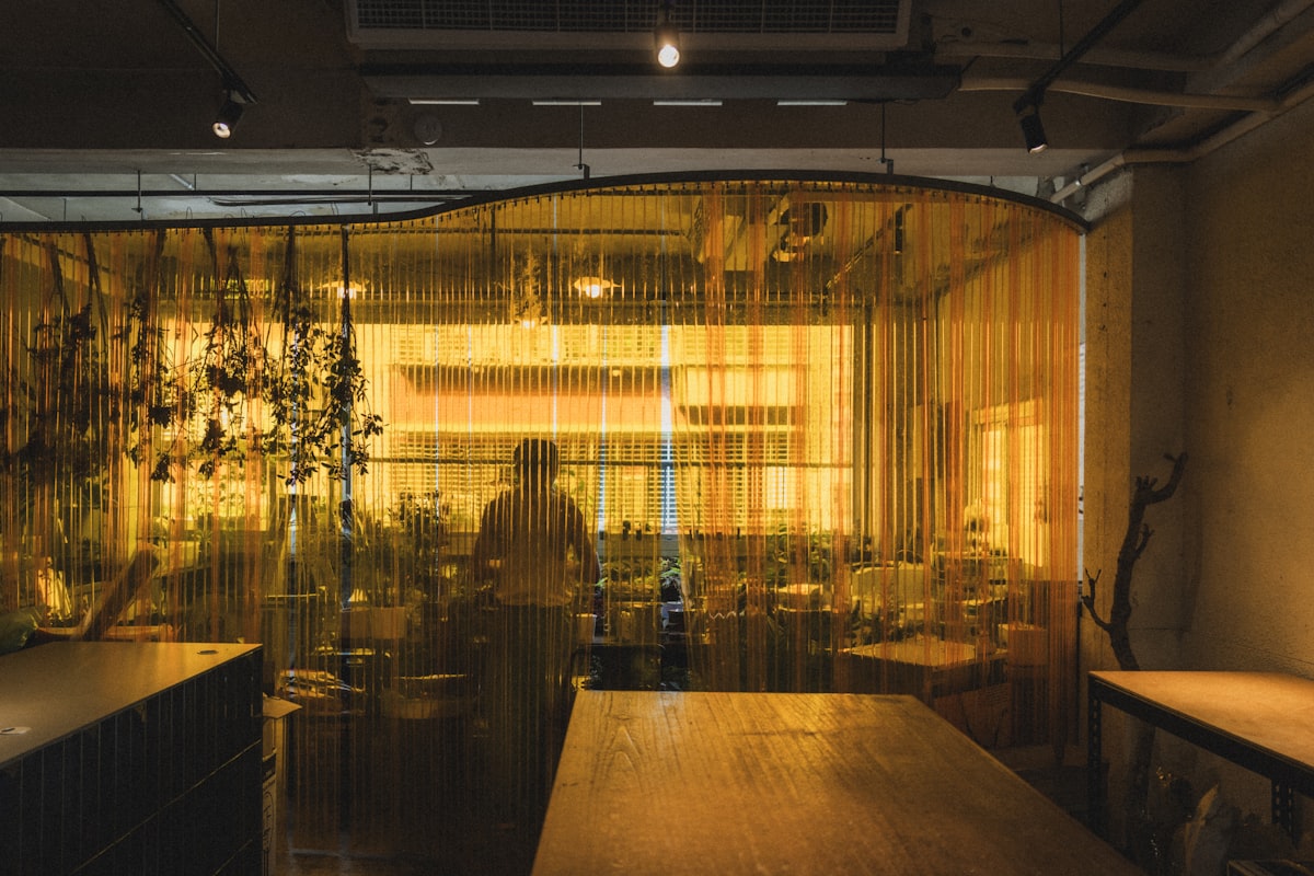 Person behind a yellow beaded curtain in a room related to Elevate Your Space with Curtain Valances Modern Designs
