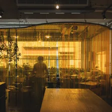 Person behind a yellow beaded curtain in a room related to Elevate Your Space with Curtain Valances Modern Designs