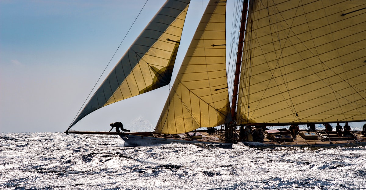 person in black shirt sitting on white sail boat during daytime related to Sail the Seas of Style with a Navy Coverlet for Your Queen Bed