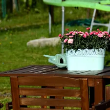 Pink flowers, watering can on wooden outdoor table. related to Transform Your Outdoor Space with a Wood Burning Chiminea: A Comprehensive Guide