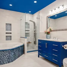 Renovated Brooklyn NY Bathroom. Blue bathroom. White Bathroom. Blue ceiling. Blue vanity. Blue tile. Jacuzzi tub. white tiles. stand up shower.  related to Elevate Your Bathroom with a Matching Shower Curtain and Window Valance