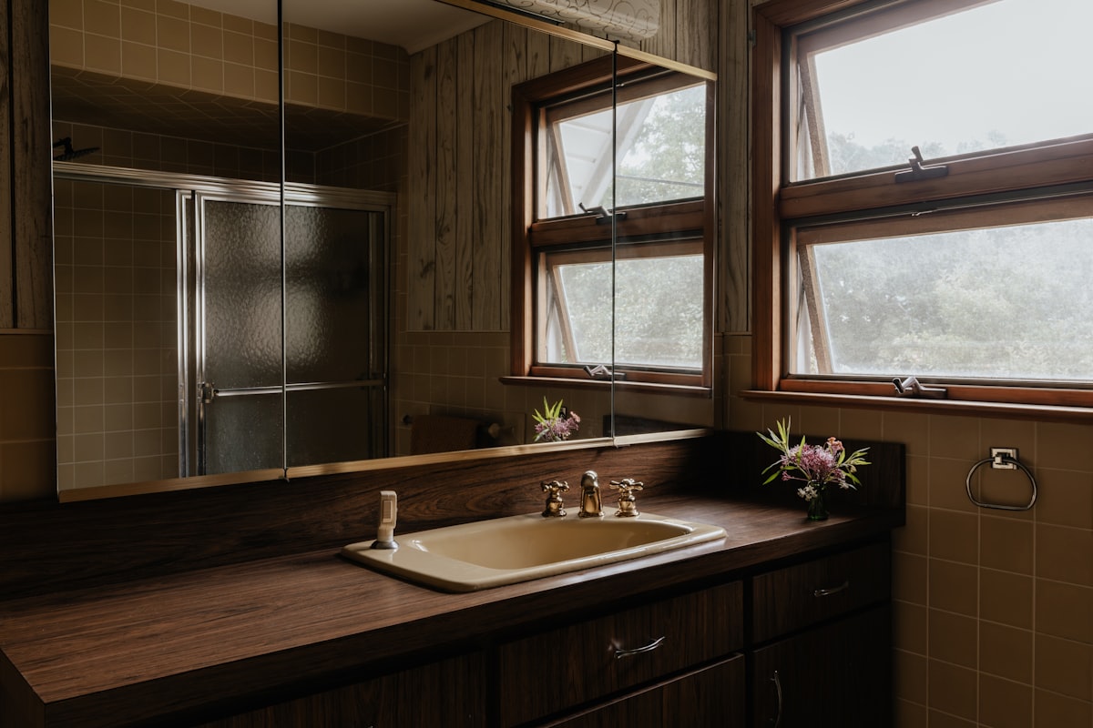Retro bathroom (IG: @clay.banks) related to Elegant Valances for Small Bathroom Windows