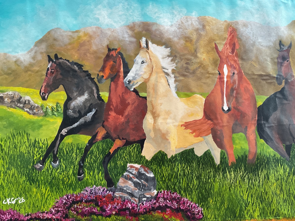 Running Wild, this is how horses were meant to live. Wild and free from the abuse of man. But being truly free is a double edged sword. There is no one to help when you are injured and in danger. Freedom comes with a heavy price but freedom is highly prized by all living things. An oil painting on unstretched canvas. 24” by 14”. related to Saddle Up for Comfort: The Best Horse Themed Bedding for Equestrian Lovers