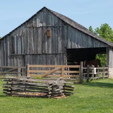 Rustic wooden barn in a grassy field under blue sky. related to Rustic Charm: The Timeless Appeal of a Barn Wood Bed