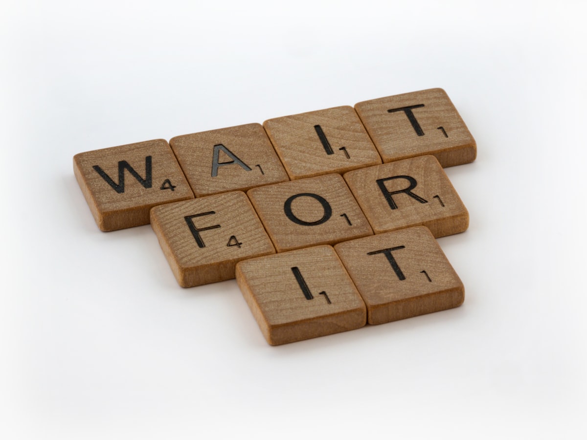 scrabble tiles, tiles, scrabble, white background, letters, lettering, typography, wood tiles, wooden tiles, words, phrases, wait for it, timing, patience, opportunity, self-restraint, restraint, tolerance, forbearance, endurance, delayed gratificaiton, calm, calmness, composure, breathe, grit, diligence, unrushed, unhurried, plan, planning, related to The Cheapest Way to Get Rid of Bed Bugs