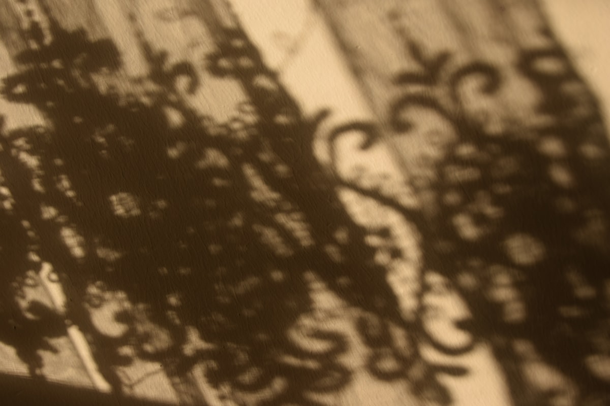 Shadows of ornate lace curtains cast on wall related to Lace Valances and Swags