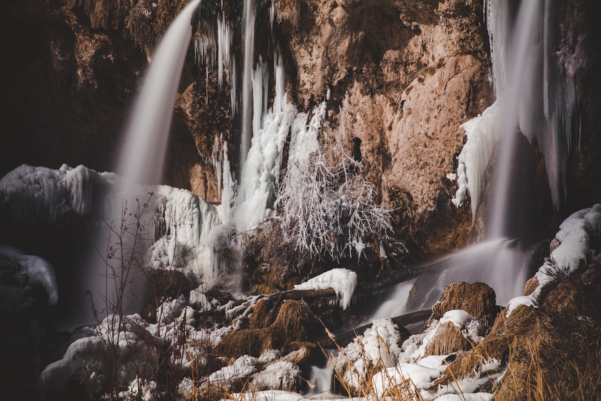 snow covered trees and rocks related to Brown Waterfall Valance