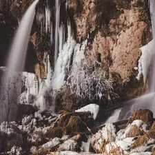 snow covered trees and rocks related to Brown Waterfall Valance