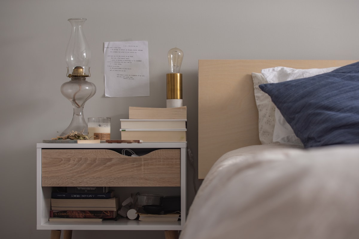 unlighted clear glass gas lamp on end table related to The Perfect Sleeping Nook: Bunk Bed Night Stand Essentials
