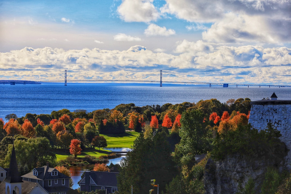 View of the bridge in Autumn. related to A Paradise Found: Bed and Breakfasts on Mackinac Island