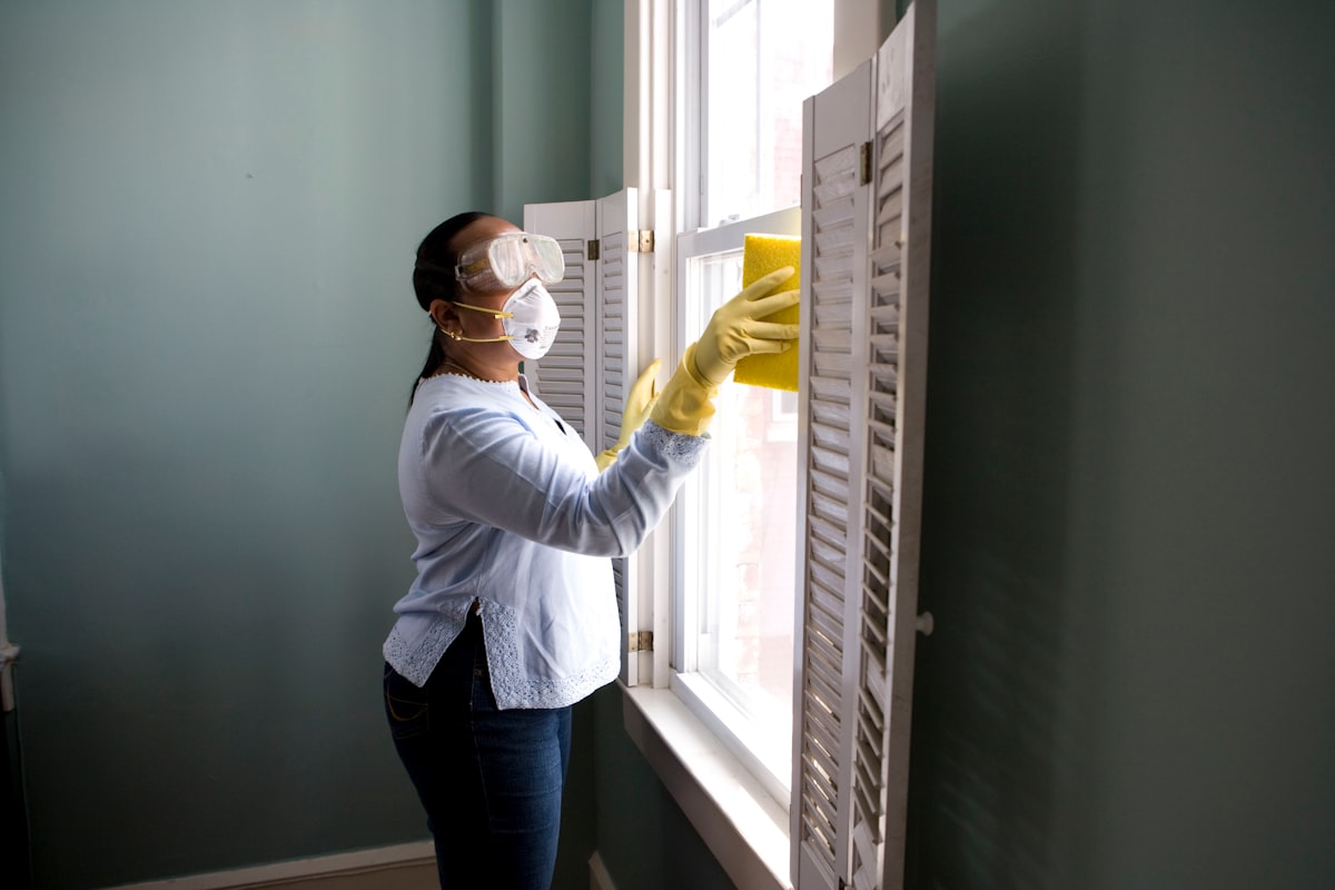 When renovating a home, you should use a damp sponge or cloth to clean dust collected on a window sill, as the dust may contain asbestos or lead-based paint. Home maintenance is an ongoing process for any homeowner, and here we see an African-American woman’s hand, as it steadied the window’s sash in preparation of a cleaning of the window and its frame. See PHIL 11460, and 11461, for a broader view of this activity. related to Elevate Your Window Style with a Curtain with Valance