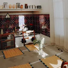 white and red floral area rug related to Creative DIY Kitchen Valance Ideas