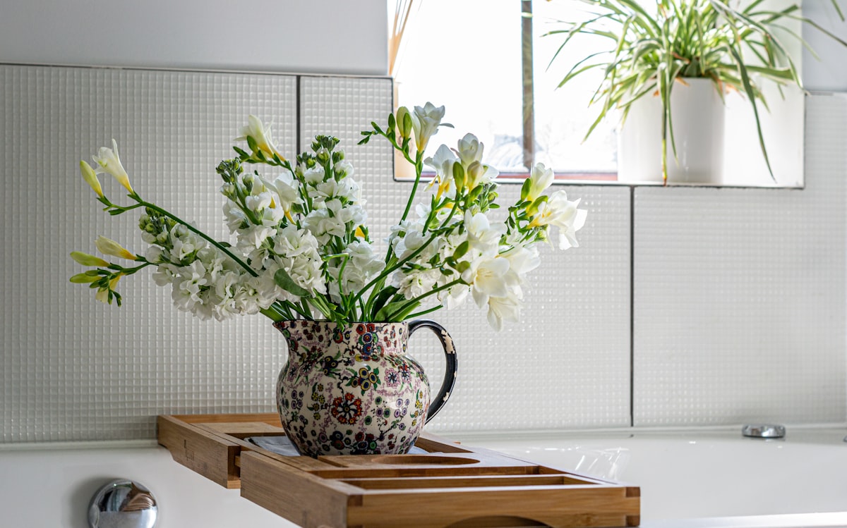 White Flowers, Bathroom Flowers, Flowers at home, Floral Vase, Floristry related to Elevate Your Bathroom Decor with a Shower Curtain and Window Valance Set