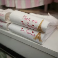 White towels embroidered with eiffel tower and paris text. related to Elevate Your Sleep Sanctuary: The Ultimate Guide to Paris Bedding Sets