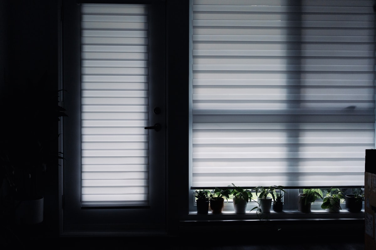 Window blinds with potted plants below related to Roman Shades with Valance