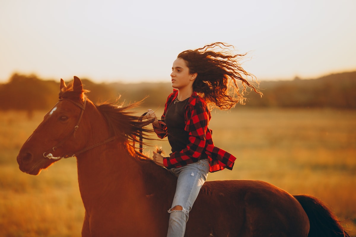 woman in red and black checkered dress shirt and blue denim jeans riding brown horse during related to Enchanting Girl Horse Bedding: Perfect for Every Young Equestrian
