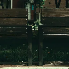 Wooden park bench with green grass and leaves related to Safeguarding Your Outdoor Space: The Importance of Chiminea Spark Arrestors